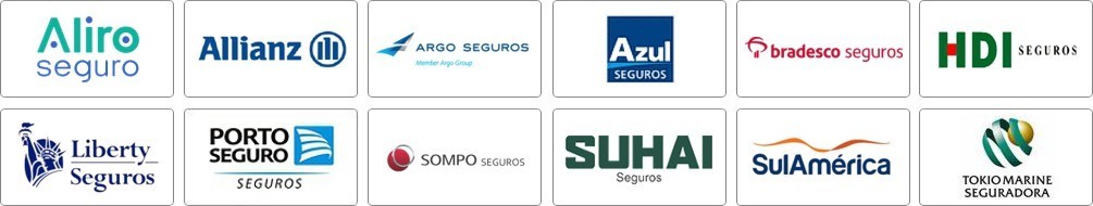 Aliro Seguradora, Allianz Seguradora, Argo Seguradora, Azul Seguradora, Bradesco Seguradora, HDI Seguradora, Liberty Seguradora, Porto Seguro Seguradora, Sompo Seguradora, Suhai Seguradora, Sul América Seguradora, Tokio Marine Seguradora Aliro Seguradora, Allianz Seguradora, Argo Seguradora, Azul Seguradora, Bradesco Seguradora, HDI Seguradora, Liberty Seguradora, Porto Seguro Seguradora, Sompo Seguradora, Suhai Seguradora, Sul América Seguradora, Tokio Marine Seguradora